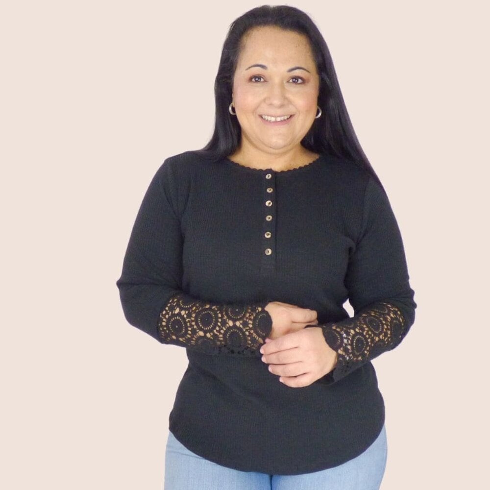 Crochet Long Sleeve Plus Top - Black